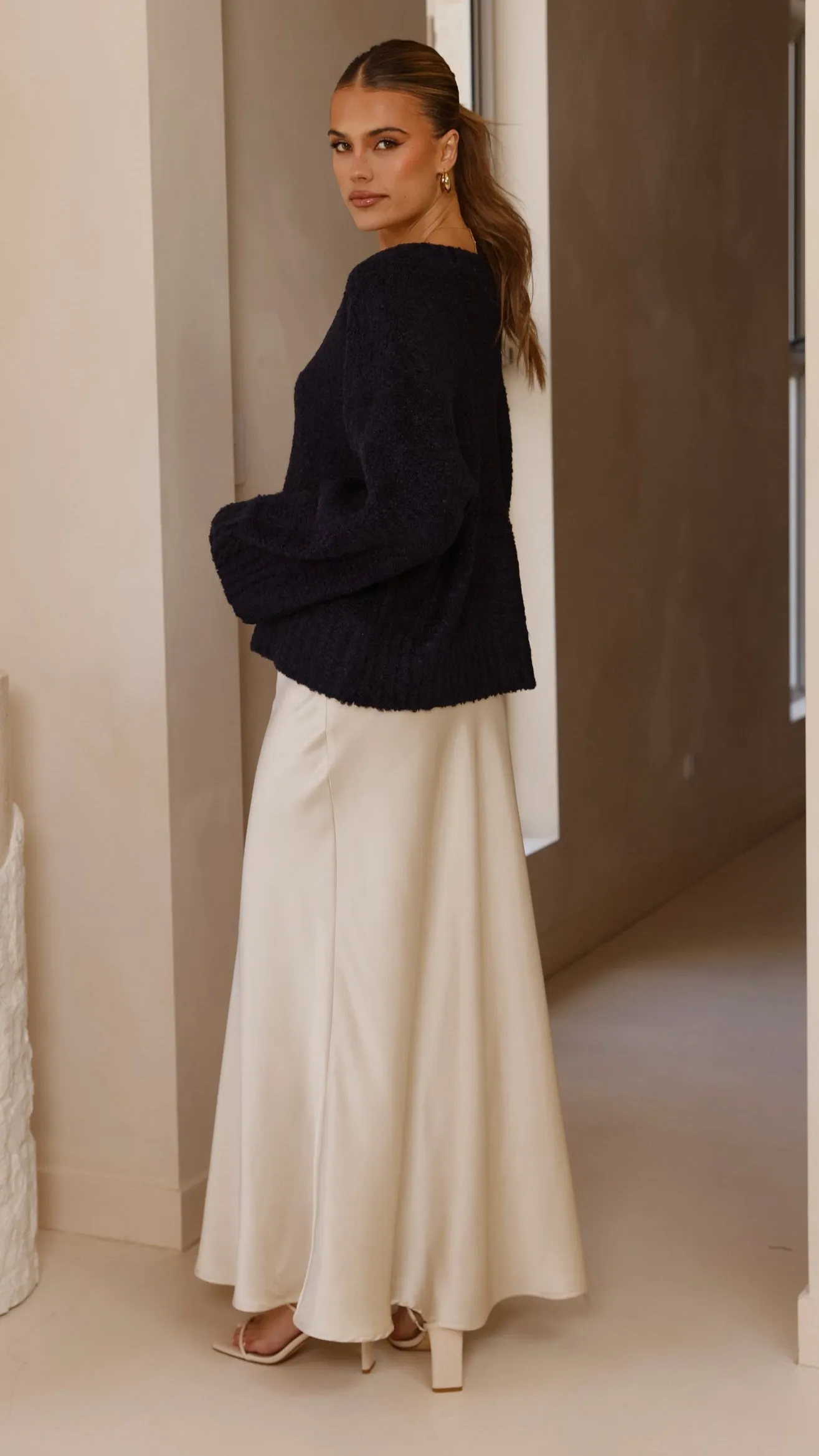 Silas Knit Top - Navy Stretchable Cuffs Stretch Knit Backing