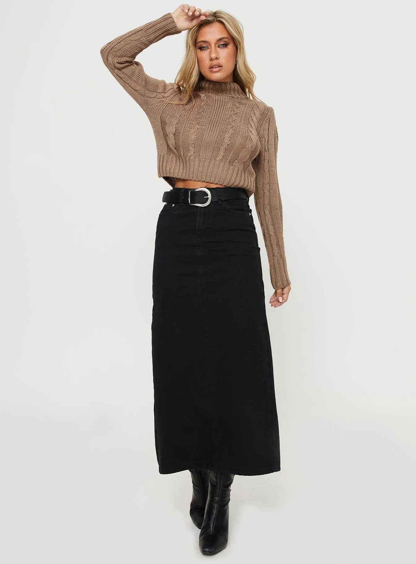 Whessler Split Back Denim Midi Skirt Black Wrap Closure Sophisticated Casual
