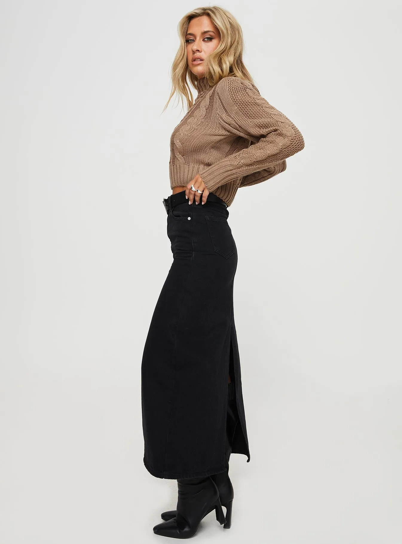 Whessler Split Back Denim Midi Skirt Black Hand Stitched A line