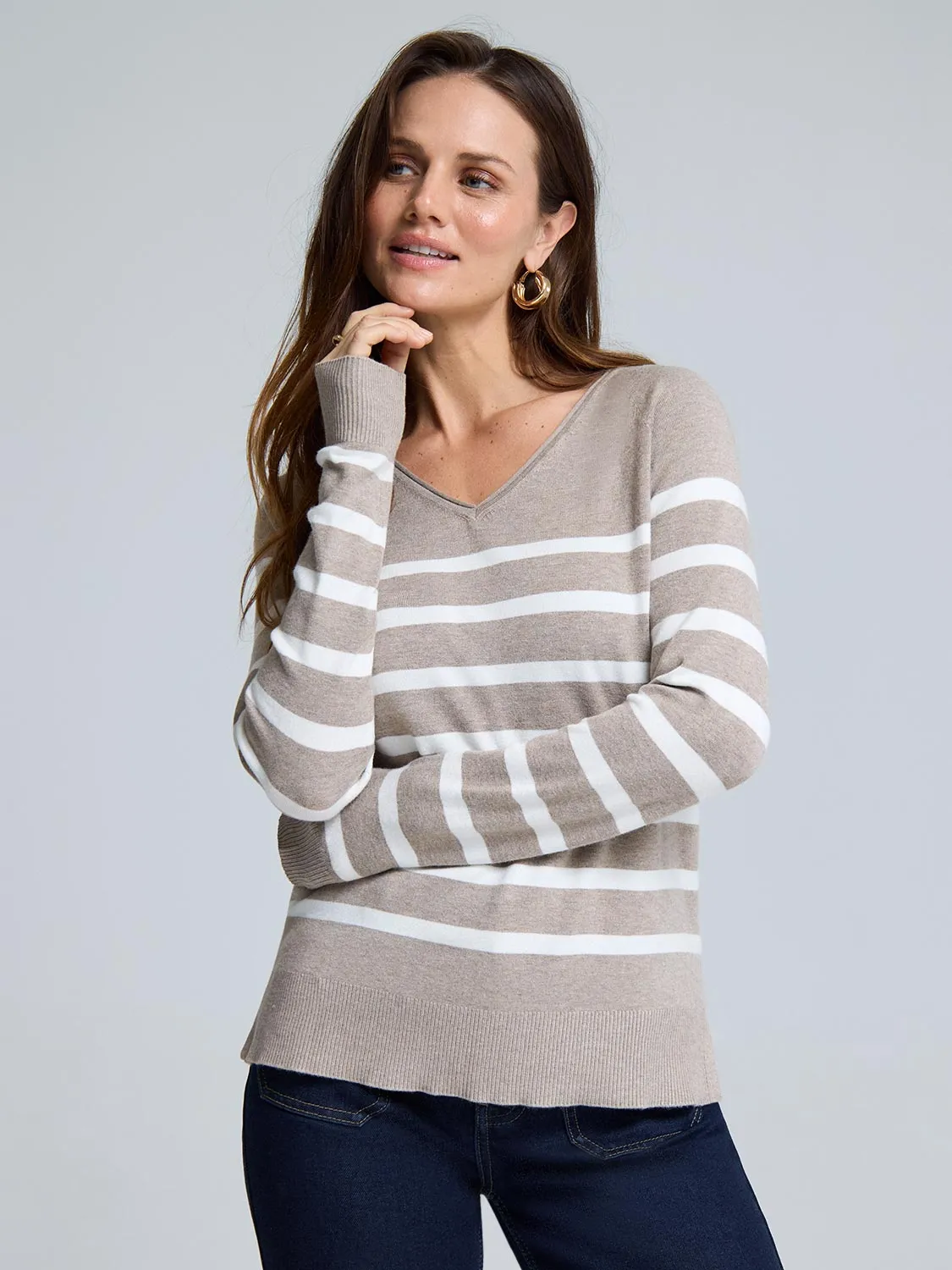 Natural Fiber Composition Simple Look V-Neck Striped Sweater