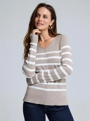 Natural Fiber Composition Simple Look V-Neck Striped Sweater