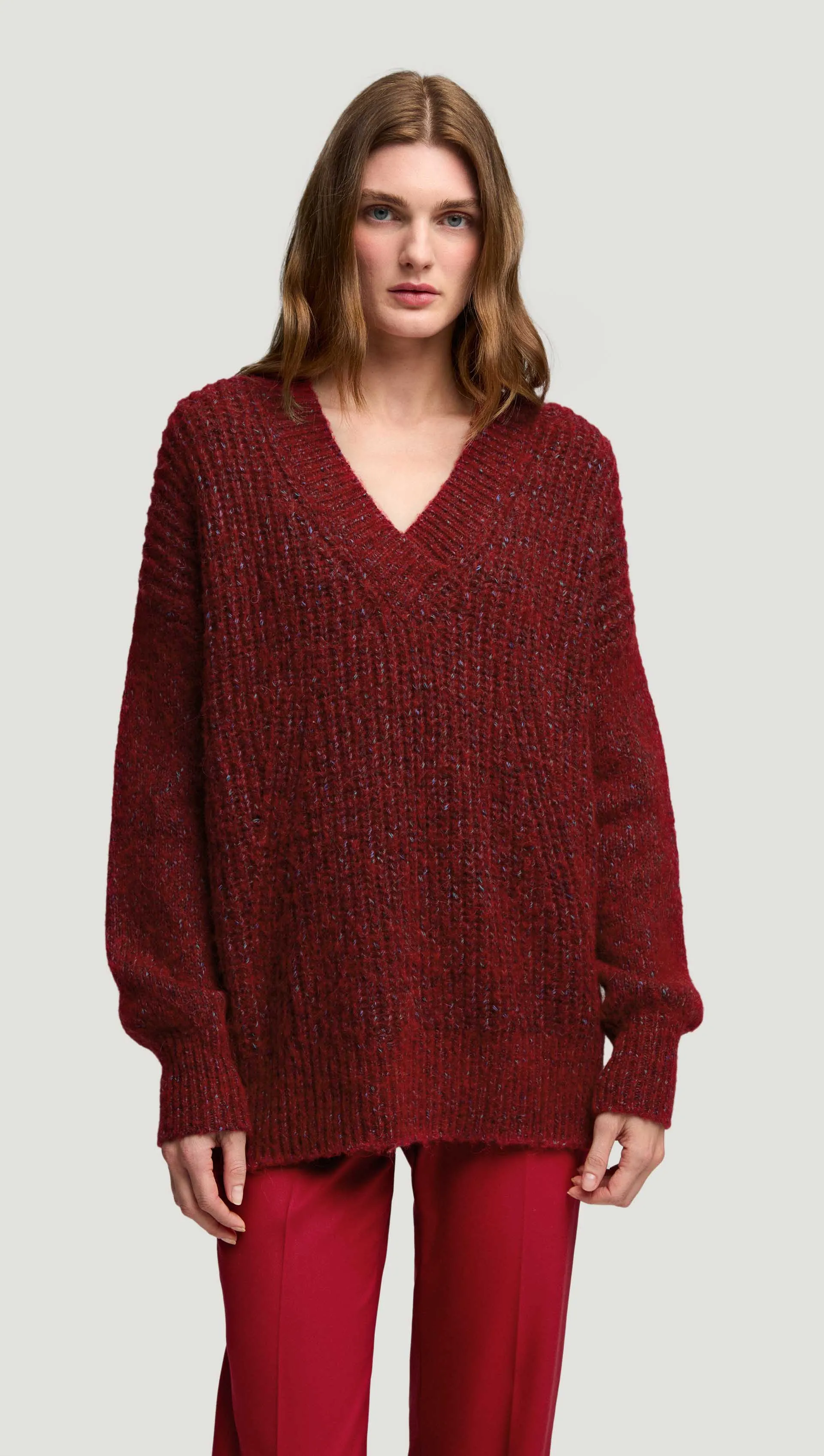 Durable Stitching Warm Touch V-Neck Sweater in Marl Yarn | Burgundy