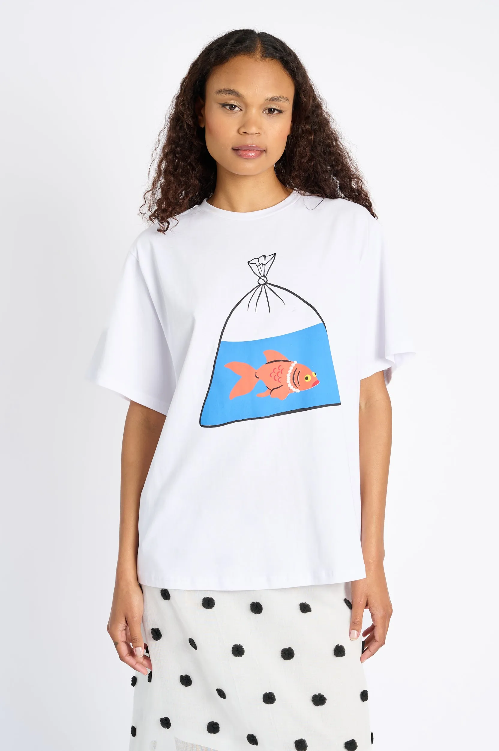 Oversized Printed Tee with Goldfish Essential Casual Layered Look Wear