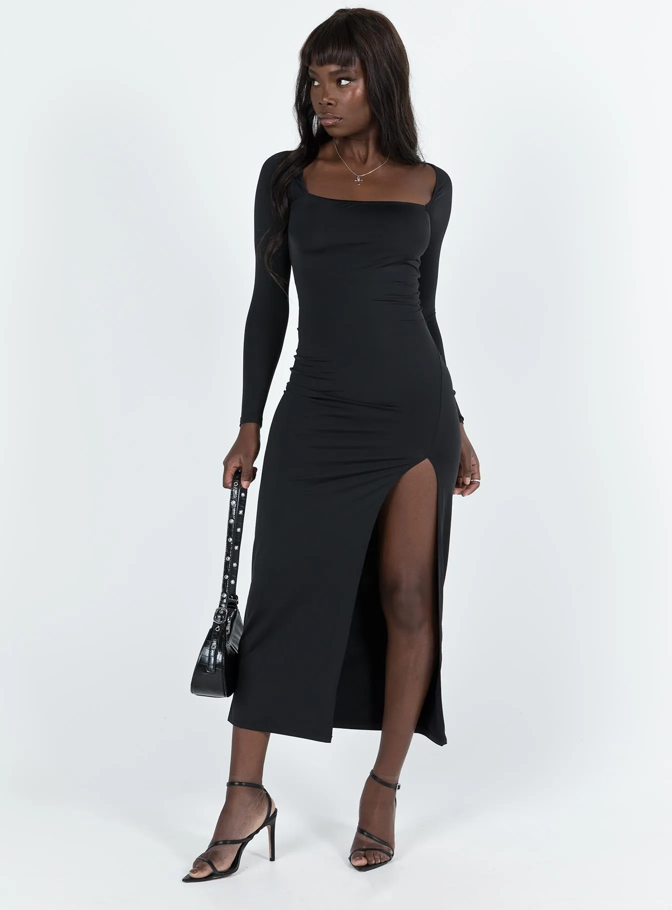 Hayward Long Sleeve Midi Dress Black Effortless Tailoring Soft Pleats