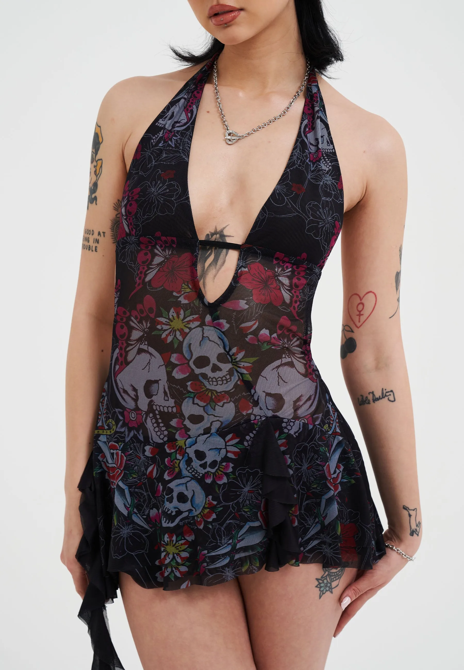 OdorControlTreatment Womens Skull And Flowers Halter Neck Mini Dress - Black