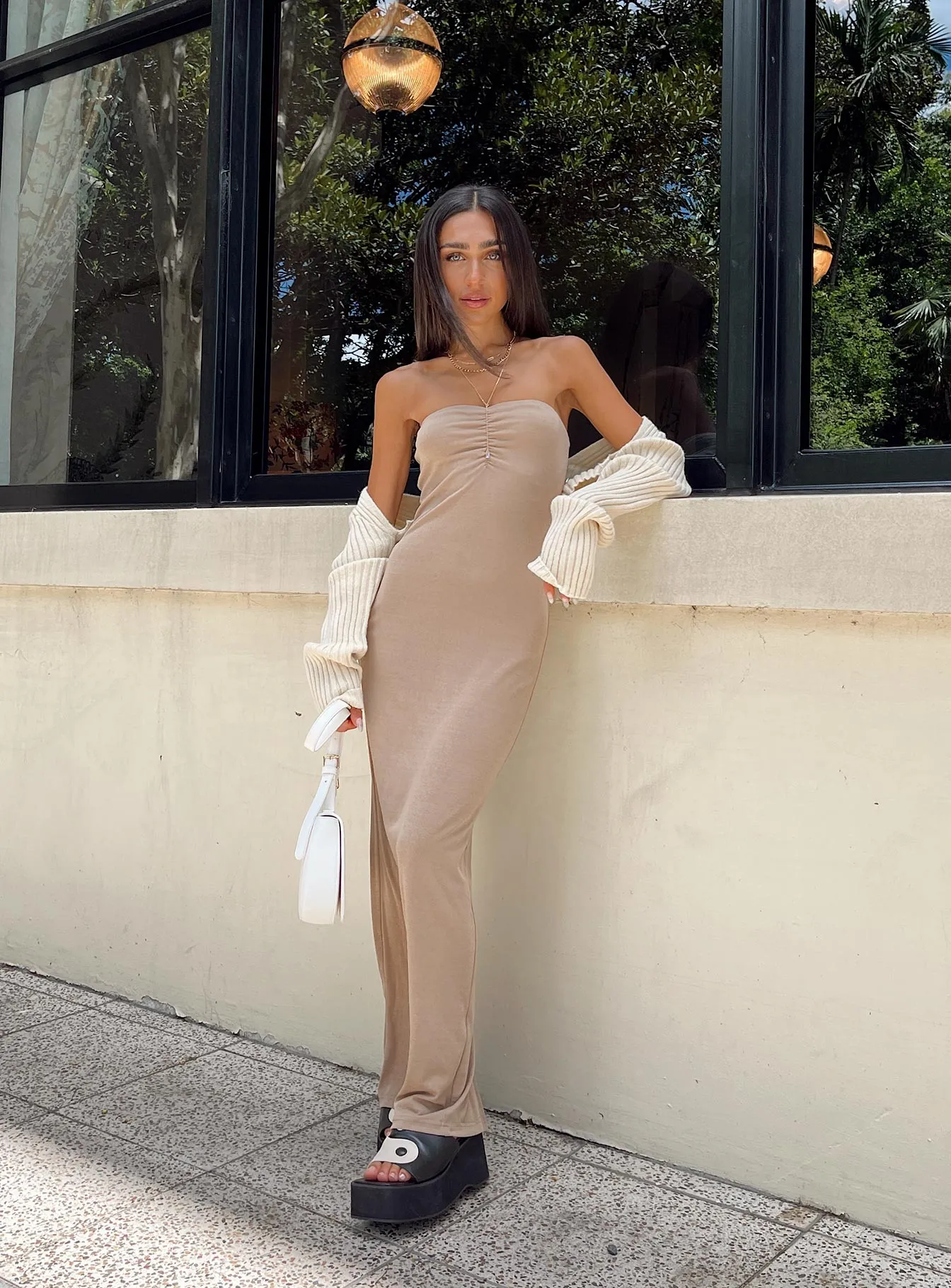 Joyful Look Cozy Mood Charm Strapless Maxi Dress Brown