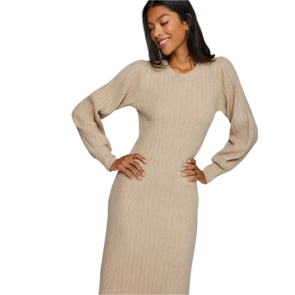 marbled Front Pocket Vila Womens Jacia O-Neck L/S Rib Knit Midi Dress Natural Melange