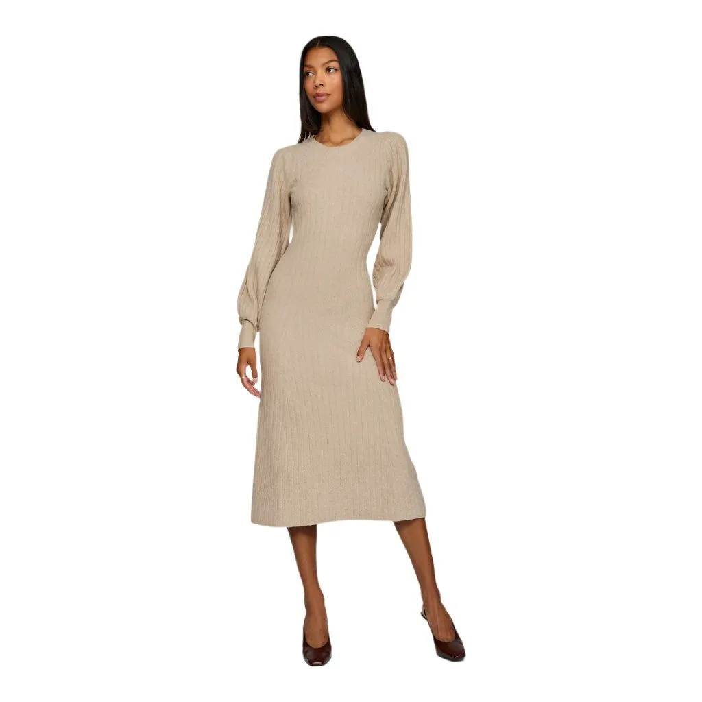 Vila Womens Jacia O-Neck L/S Rib Knit Midi Dress Natural Melange bead accents