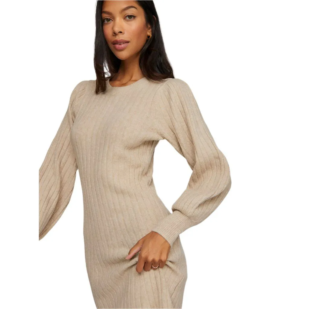 Regular Fit Vila Womens Jacia O-Neck L/S Rib Knit Midi Dress Natural Melange