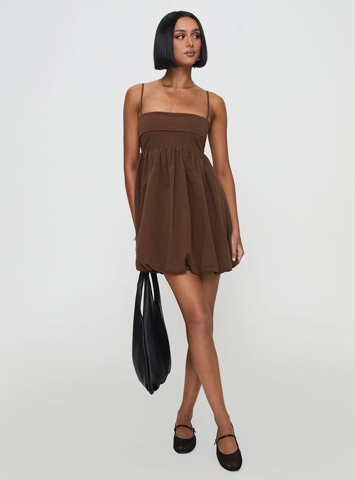 Layken Bubble Hem Mini Dress Chocolate Sophisticated Design Fresh Aesthetic