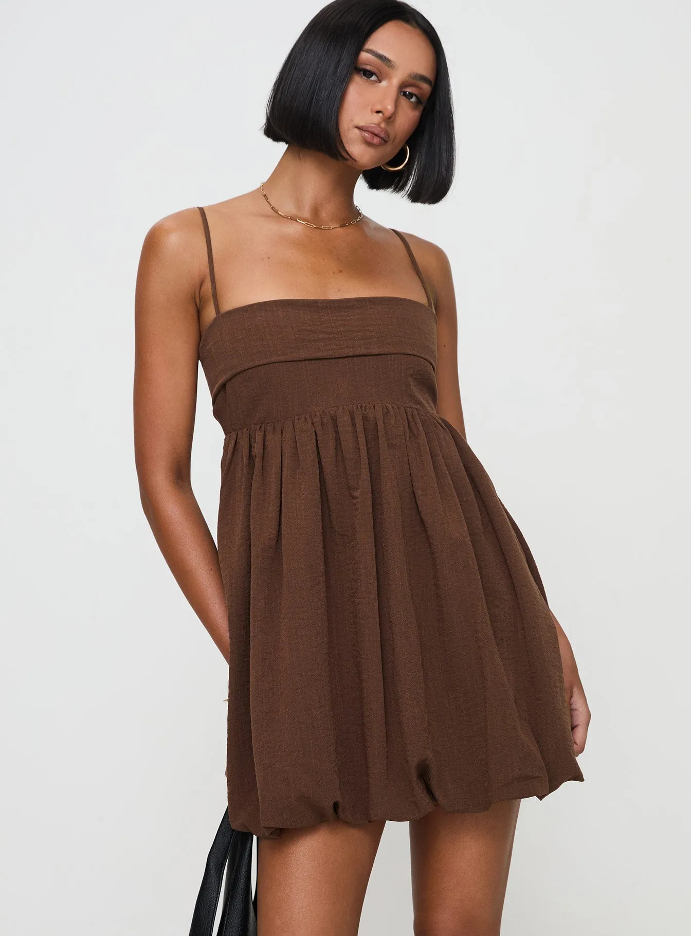 Fine Details Halter-Neck Layken Bubble Hem Mini Dress Chocolate