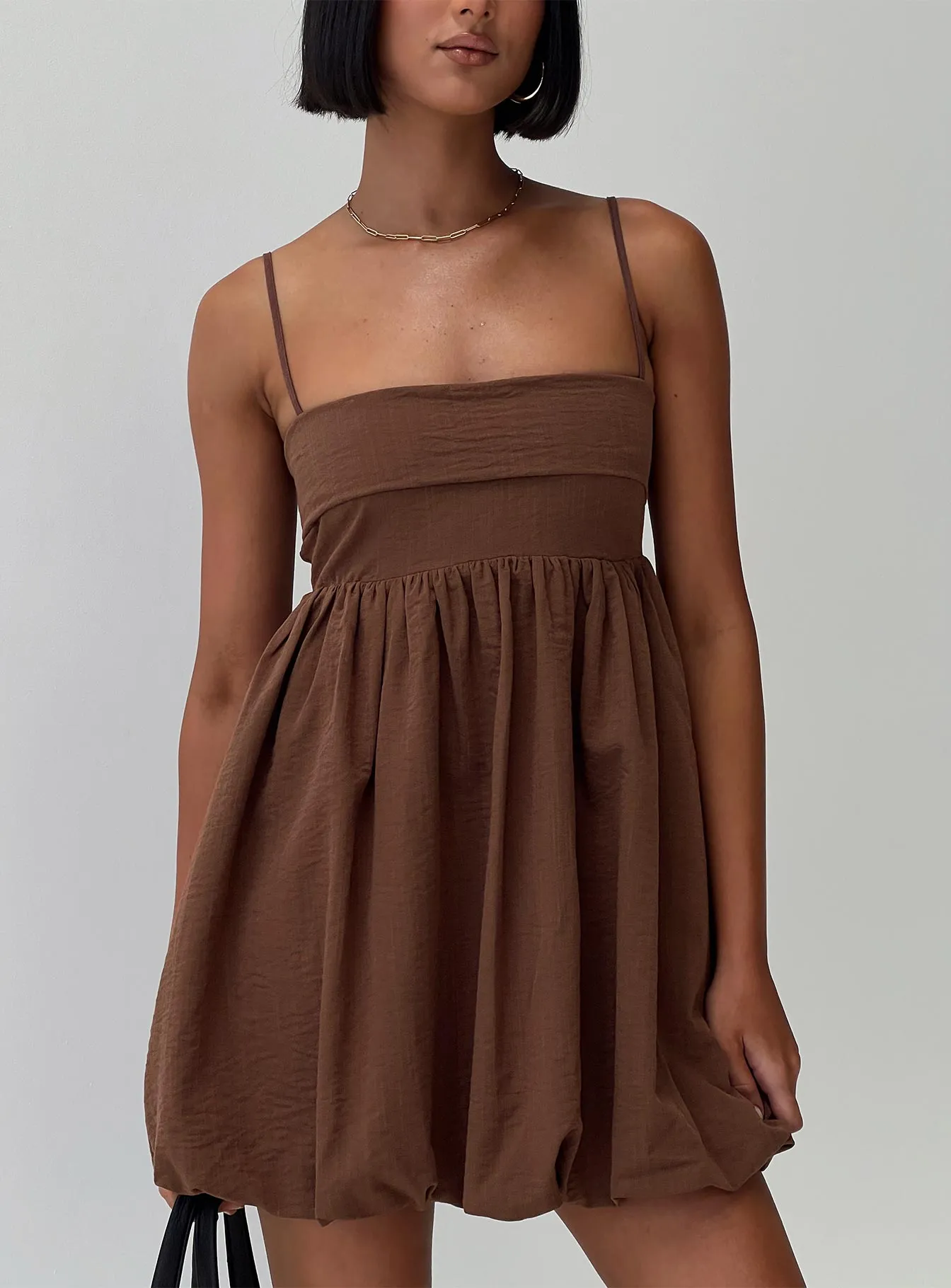 Layken Bubble Hem Mini Dress Chocolate Ruffle-Detail custom-fit