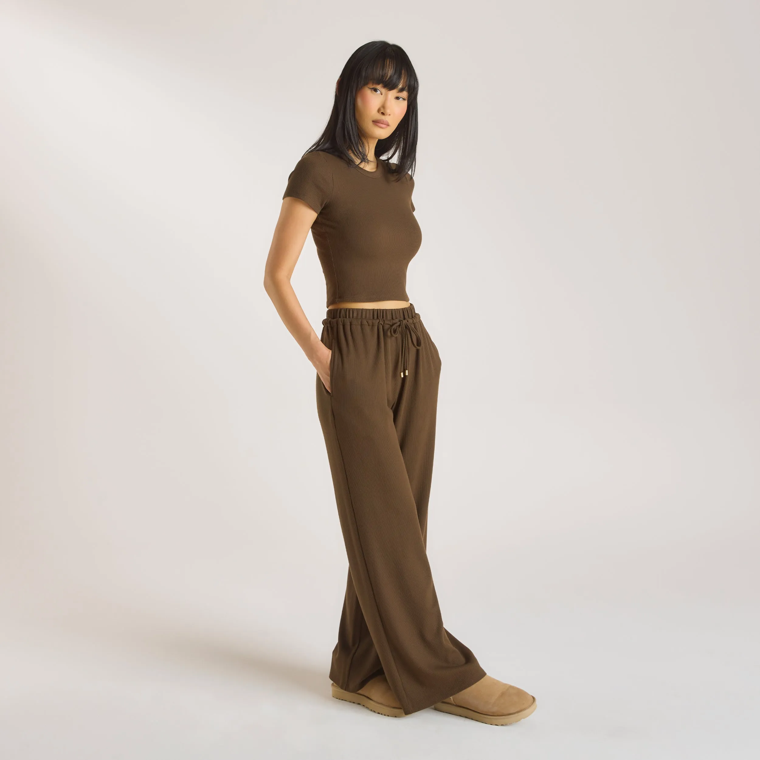 Everyday Ease Fitted Style Waffle Wide Leg Pants - Chocolate