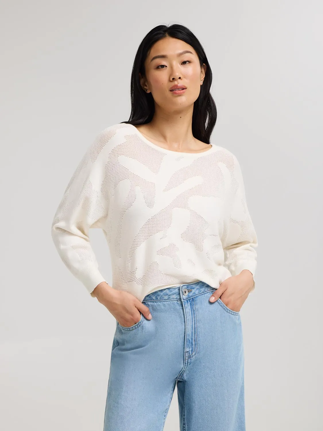 Smart Layer Chic Outfit 3/4 Dolman Sleeve Pointelle Sweater