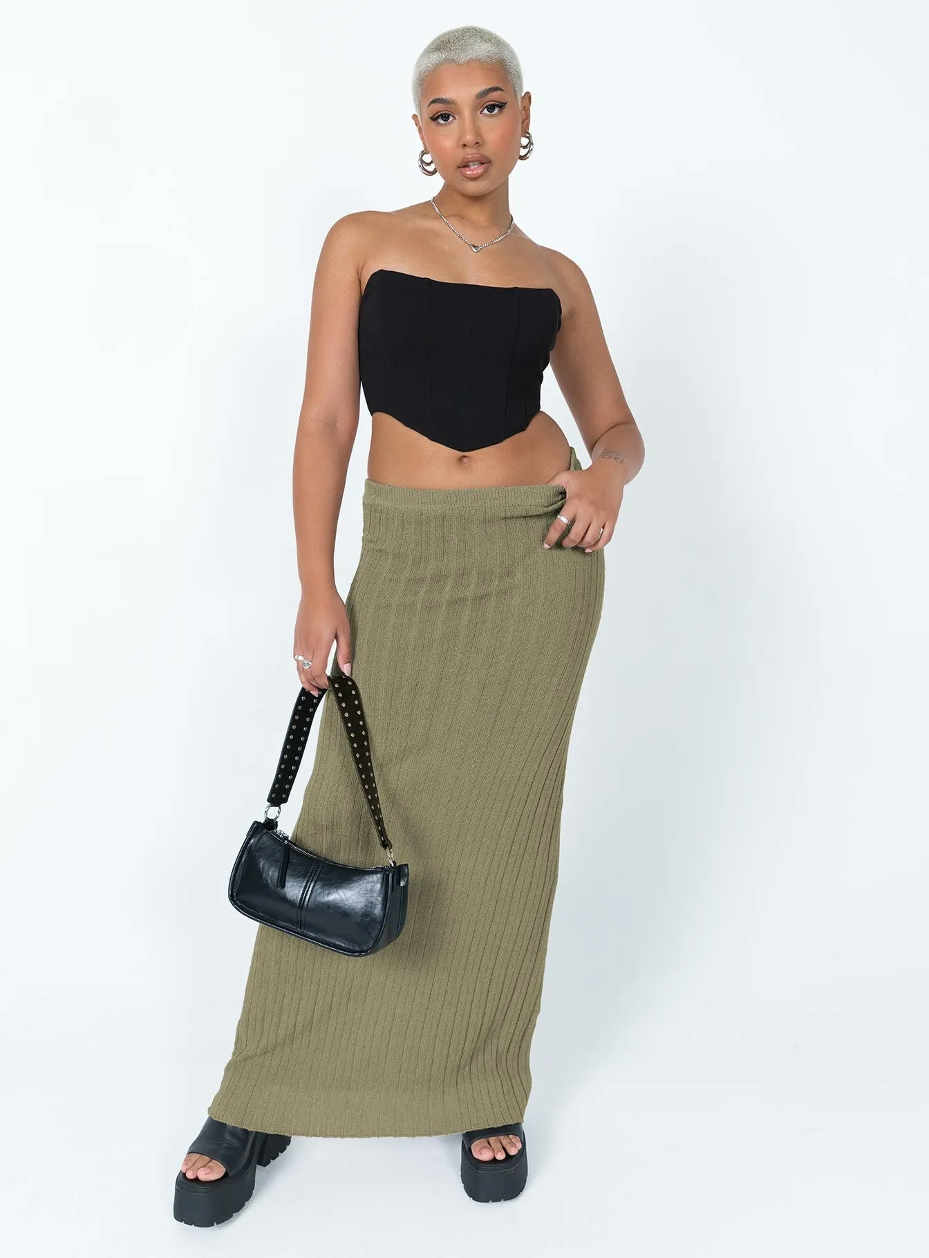 lace accents Belle Knit Maxi Skirt Khaki