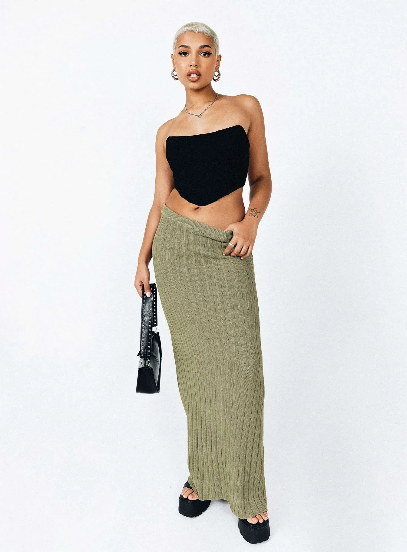 Belle Knit Maxi Skirt Khaki Smooth Look