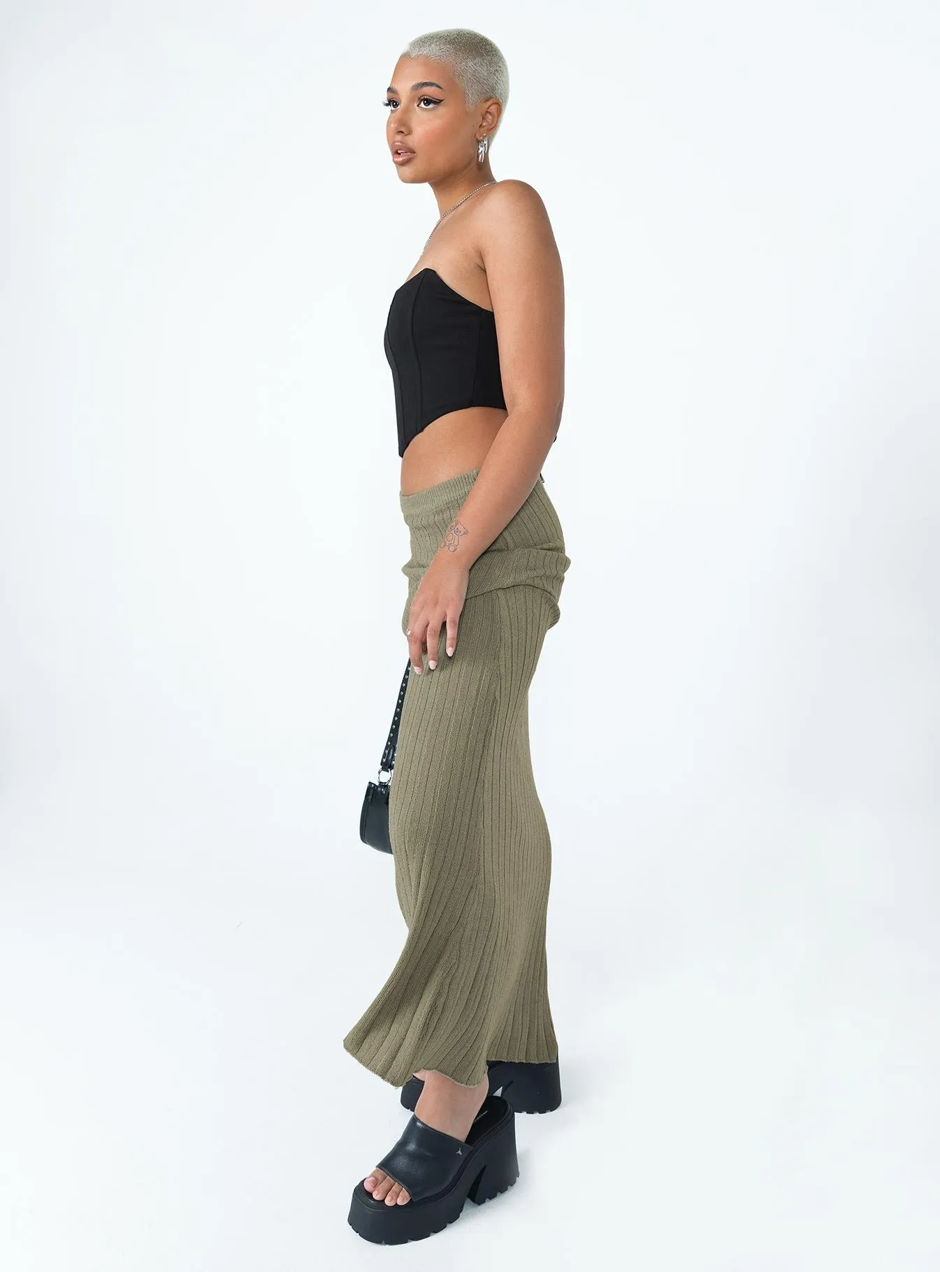 City Ready Foldable Design Belle Knit Maxi Skirt Khaki