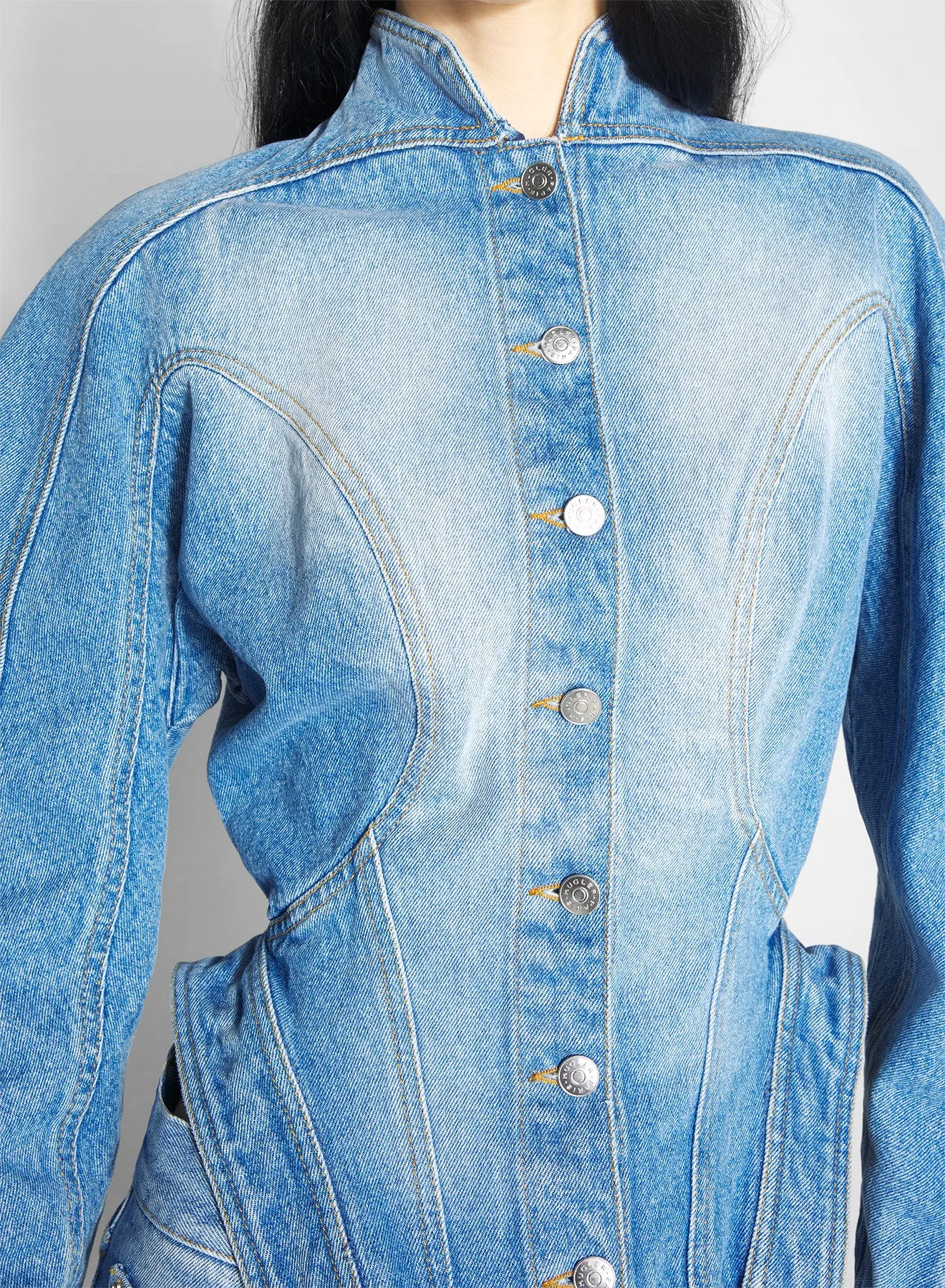 Odor Resistant Treatment Sleek Layer Look sculptural blue denim jacket