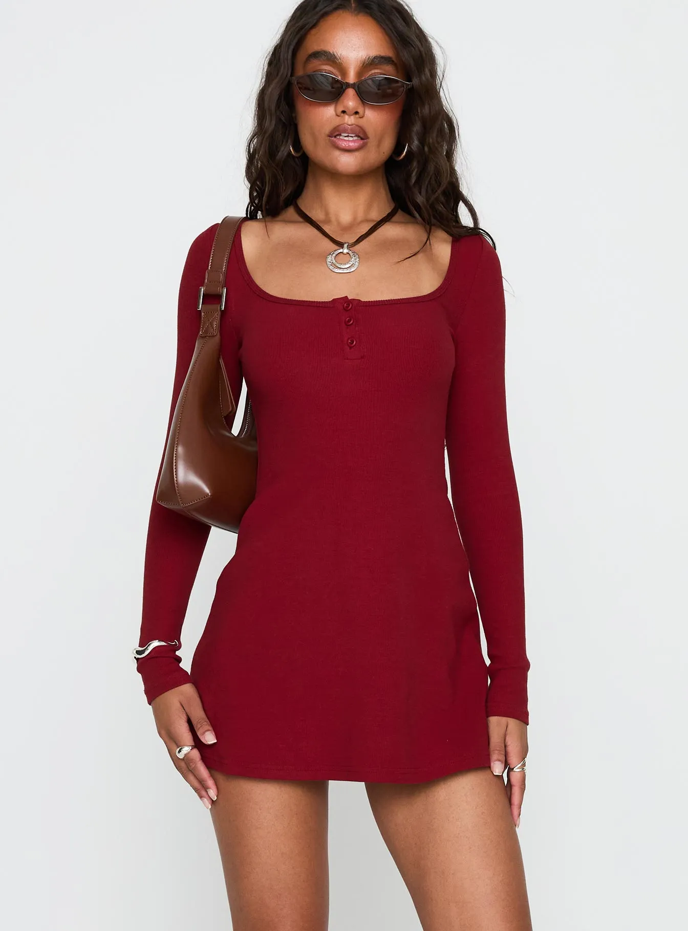 Solid-color Baseline Long Sleeve Rib Mini Dress Red