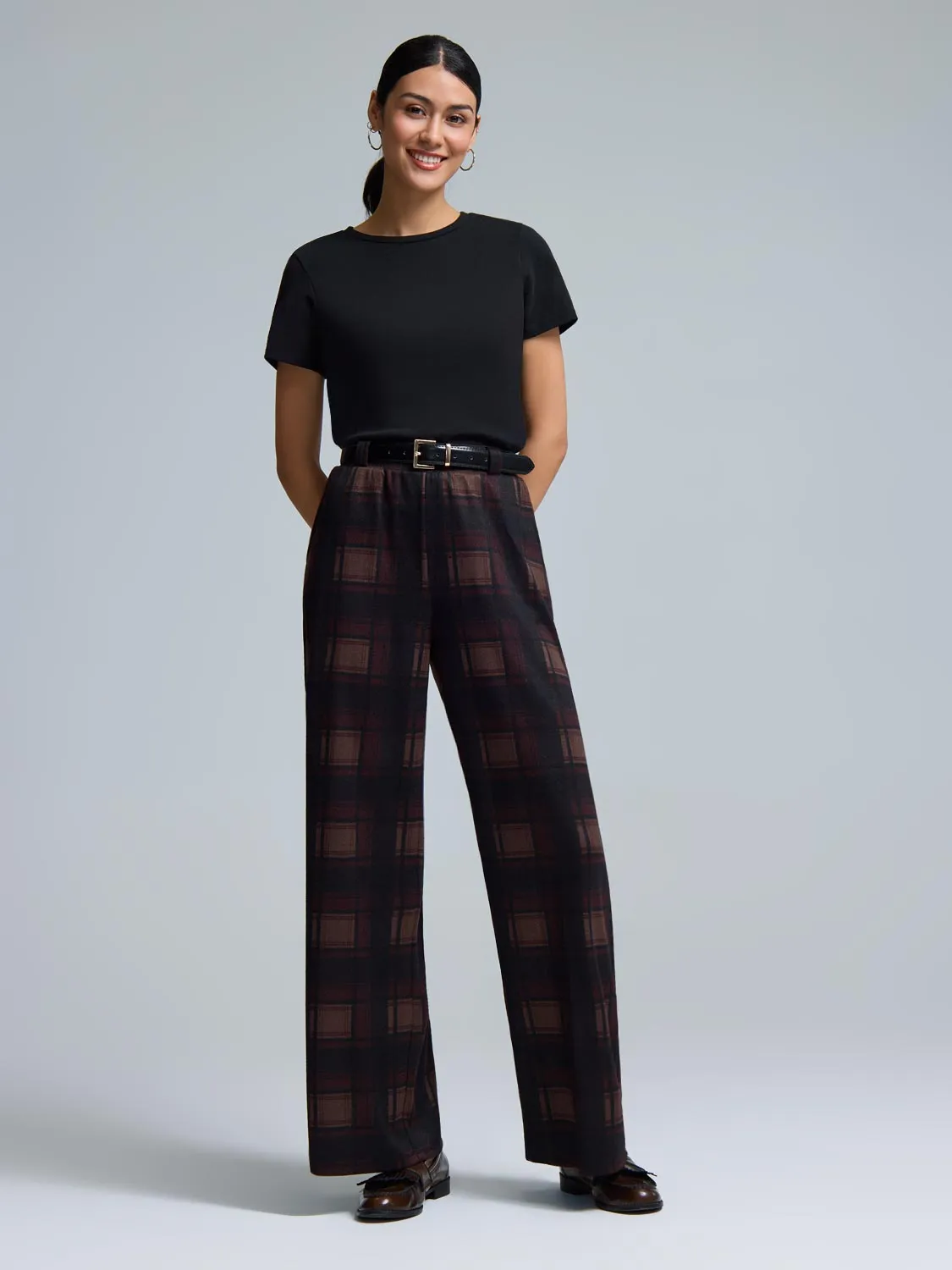 Wide-Leg Plaid Pants SeamlessPocketDesign
