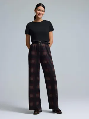 LightweightWeave Laser Cut Edges Wide-Leg Plaid Pants