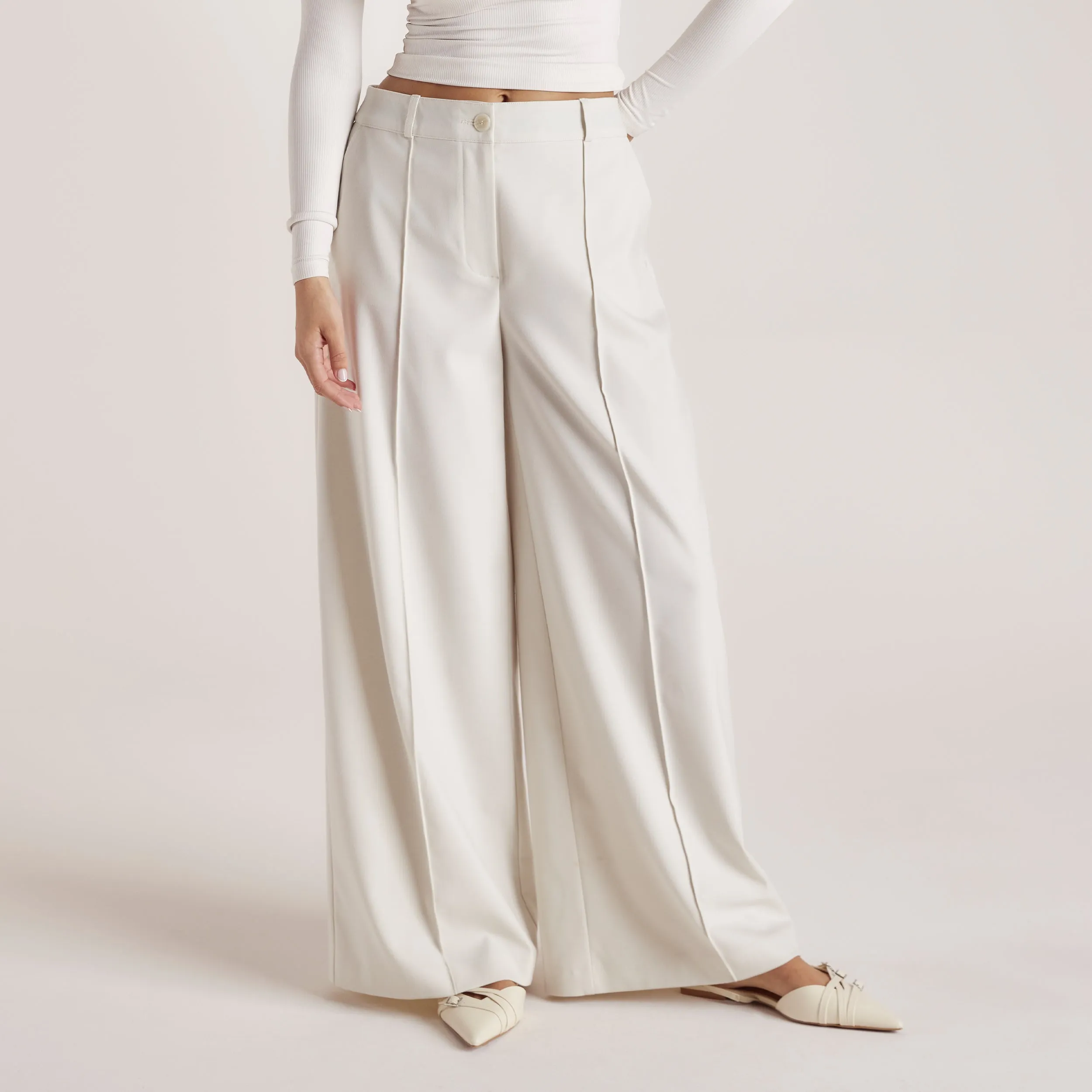 HypoallergenicFabric Wide-Leg Tailored Pants - Cream