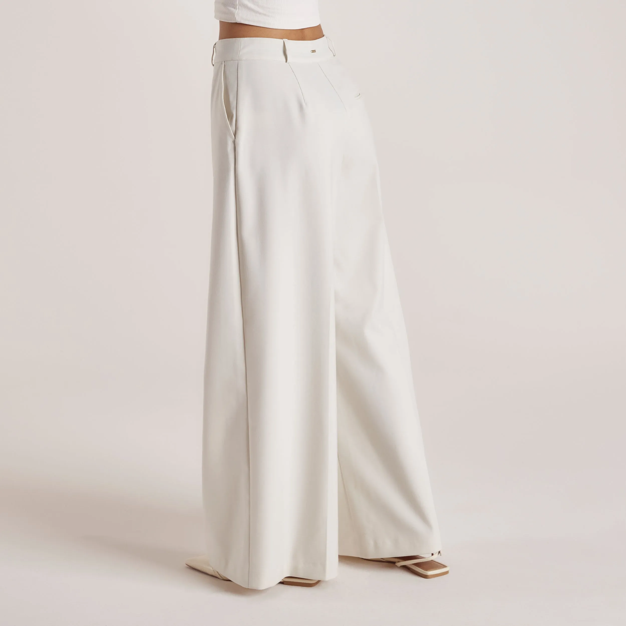 Breathable Waist Low Rise Fit Wide-Leg Tailored Pants - Cream