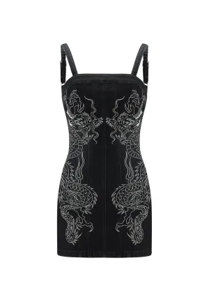 Bold Touches Soft Outfit Womens Dragon Flame Denim Mini Dress - Black