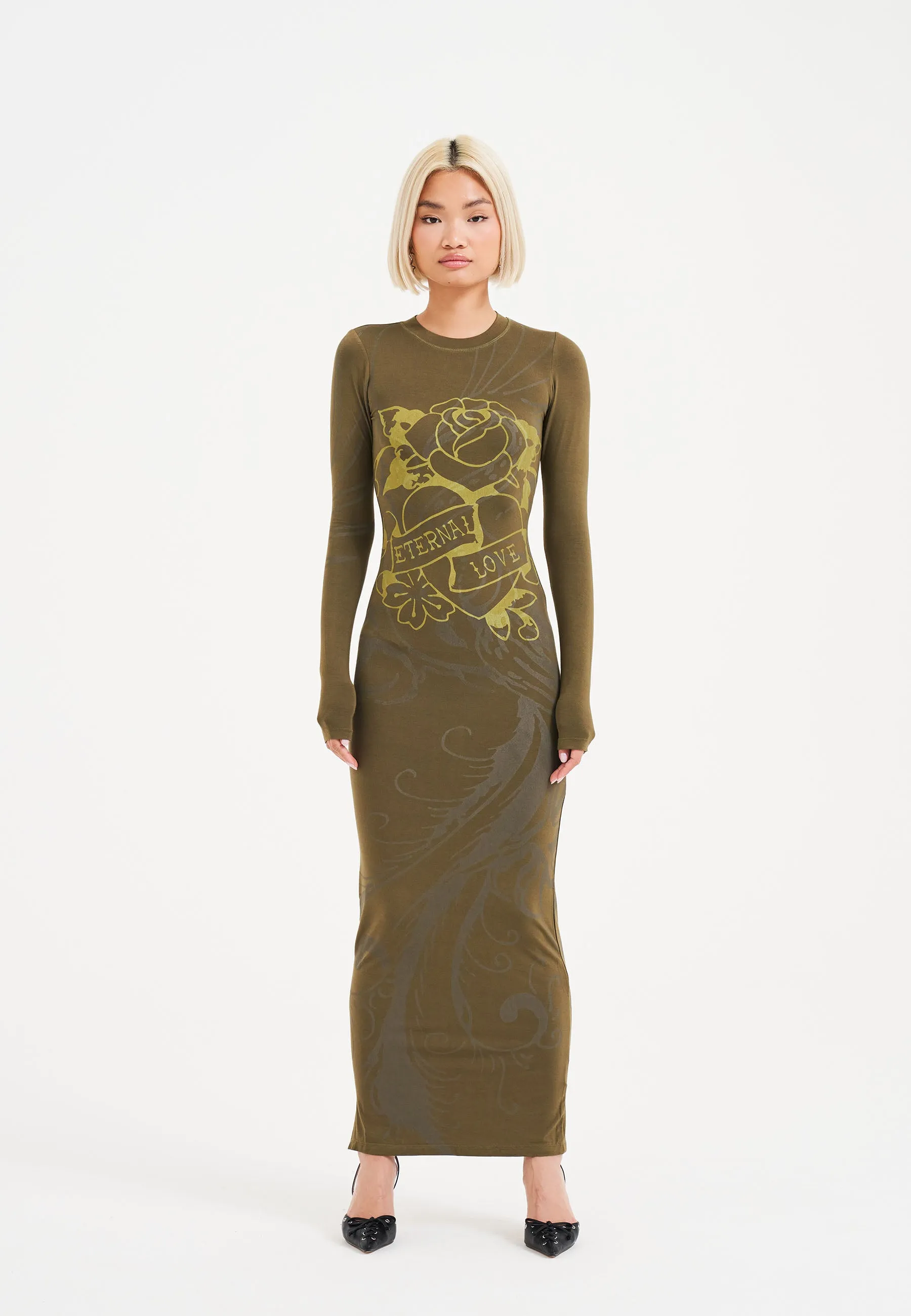 Womens Eternal Love Long Maxi Dress - Olive Night High-Low-Hem