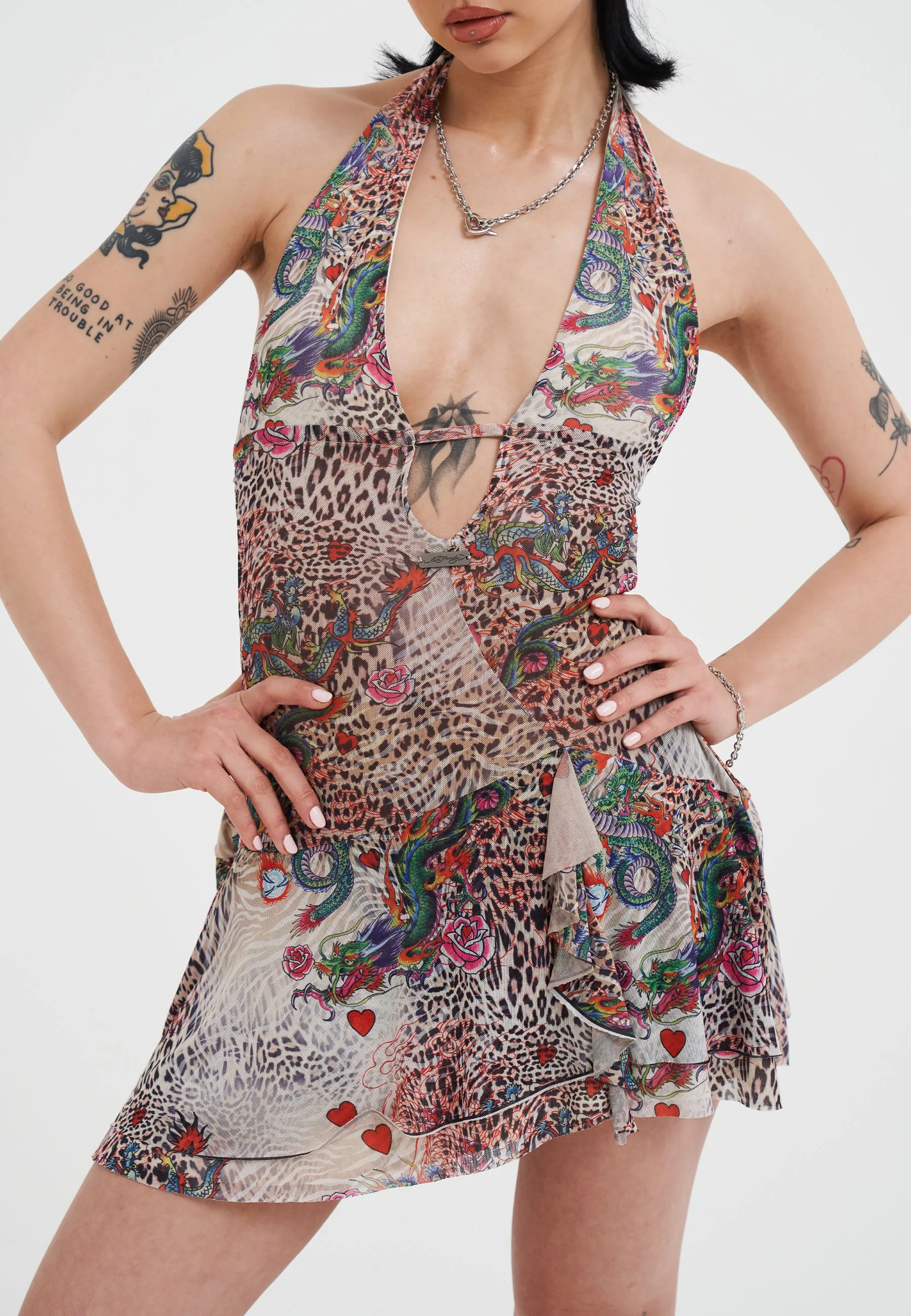 Chic Rhythm Everyday Movement Womens Leopard Dragon Halter Neck Mini Dress - Ecru