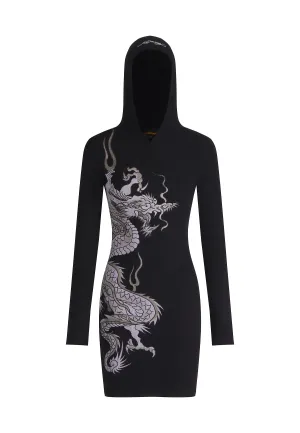 Womens Red Dragon Hoodie Dress - Black Subtle Mood