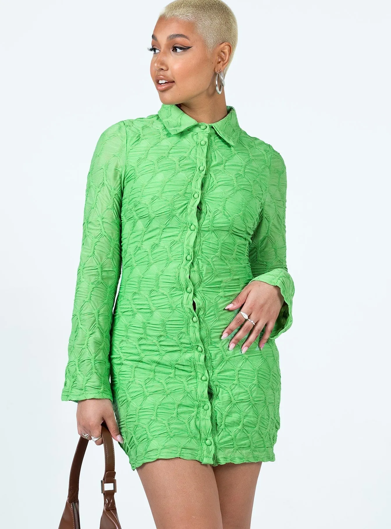 Sleek Volume Calvert Long Sleeve Mini Dress Green