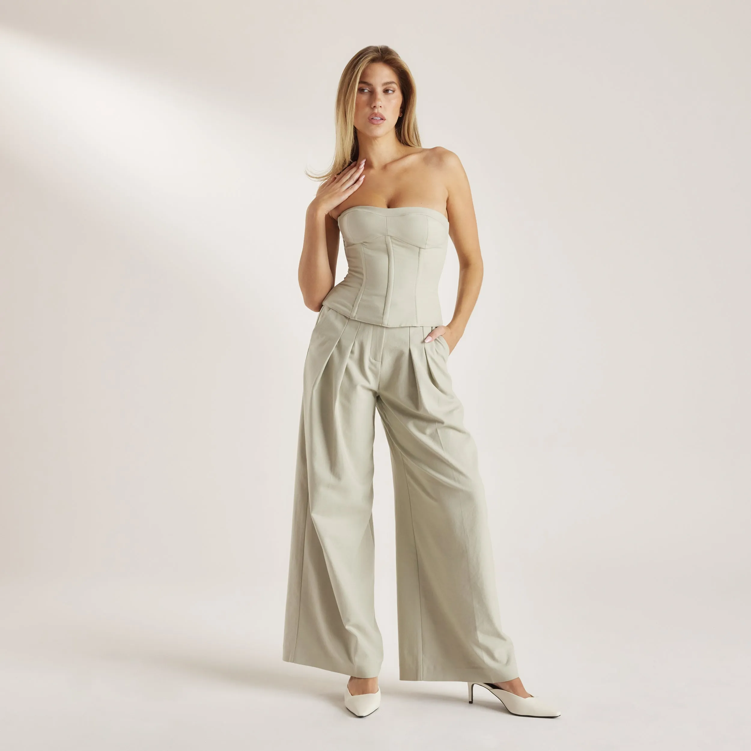Stretch waistband Woven Wide-Leg Pants - Sage