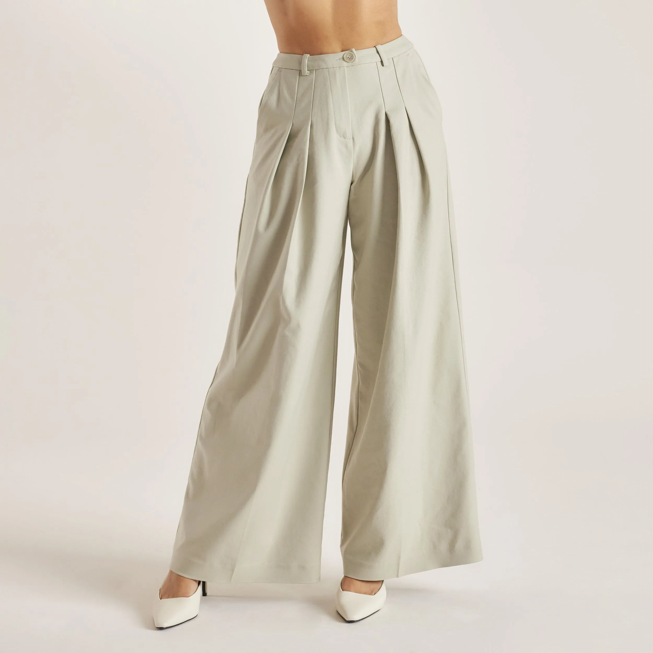 SoftCottonBlend Woven Wide-Leg Pants - Sage