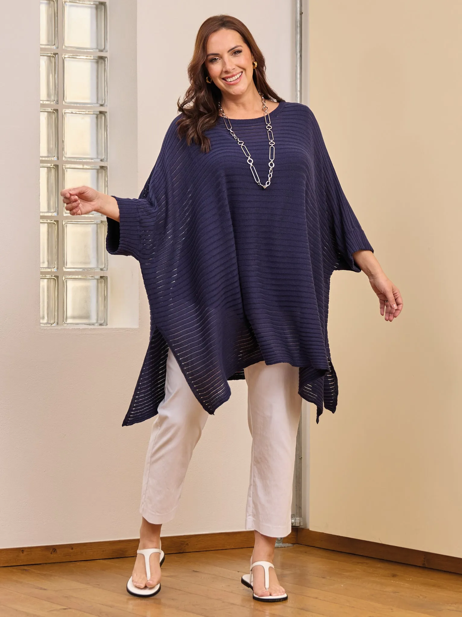 Recycled Fiber Blend Hand Linked Seams Abigail Open Knit Poncho - Navy