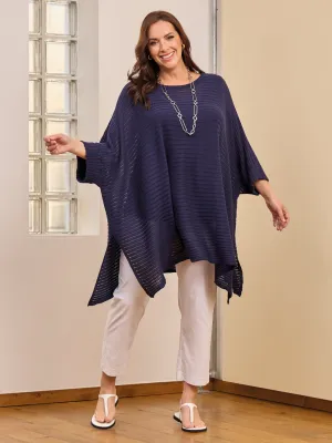 Recycled Fiber Blend Hand Linked Seams Abigail Open Knit Poncho - Navy