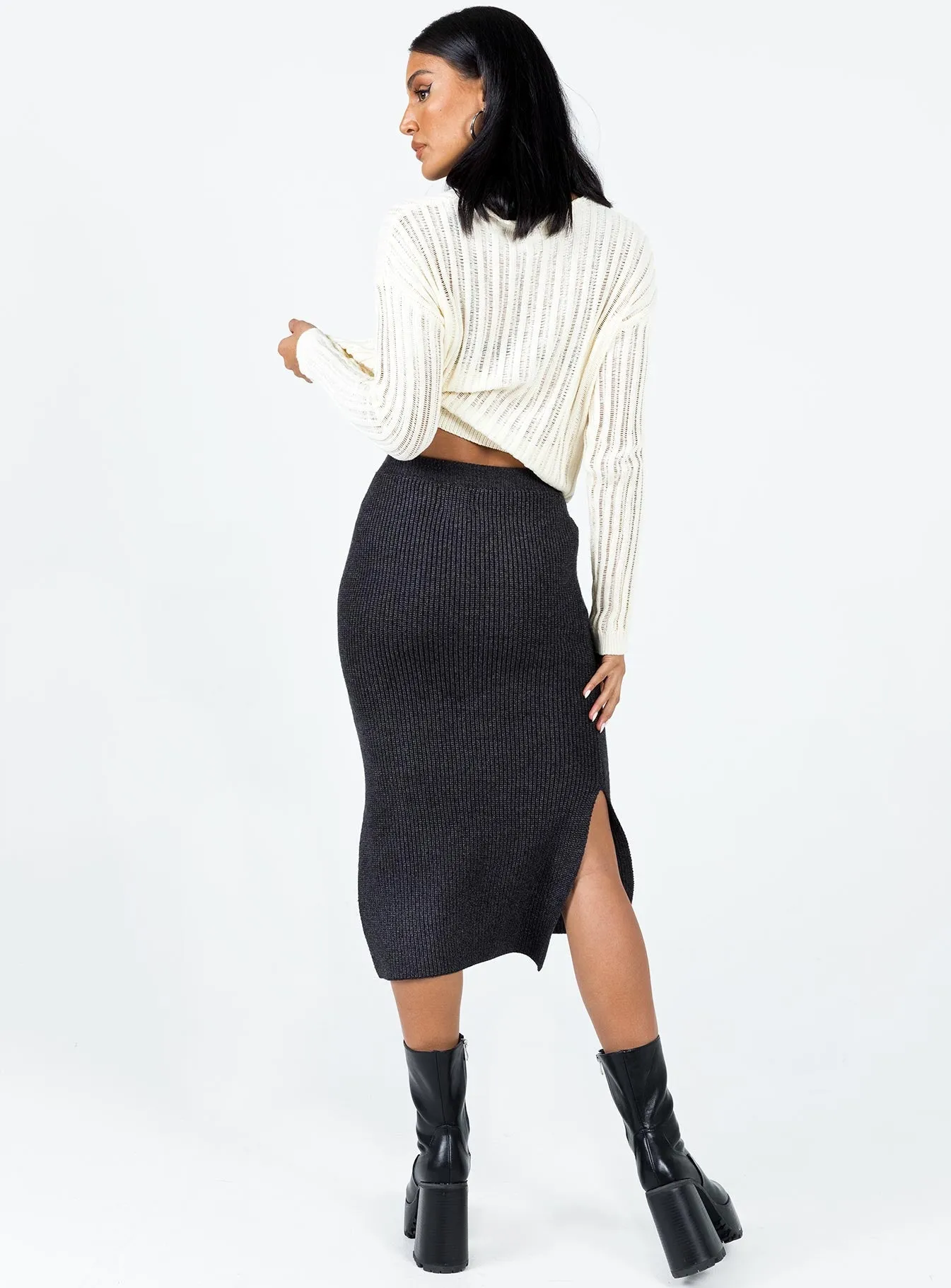 Glossy Texture Elegant Texture Zanna Midi Skirt Slate